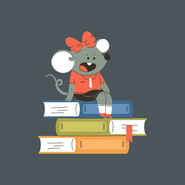 Animal back to school illustration. Cute mouse sits on books vector cartoon character isolated on background.