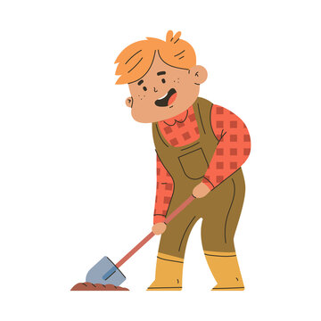 Farmer with shovel vector cartoon character isolated on a white background.