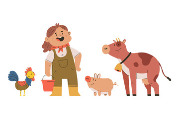 Farmer woman with farm animals vector cartoon character isolated on a white background.