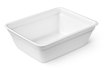 Empty styrofoam food container or plastic plate isolated on white background with clipping path