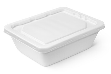 White closed styrofoam food container with plastic lid isolated on white background with clipping path
