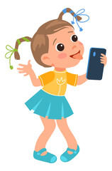 Girl making selfie. Kid shooting photo on phone