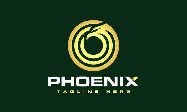 Geometric Golden Eagle Phoenix Logo design vector icon symbol illustration. Minimal phoenix Eagle bird in a circle for exclusive brand. Its very unique custom design.