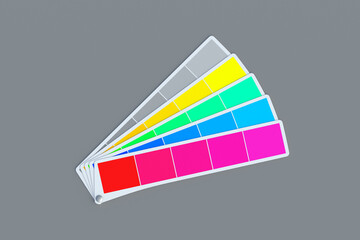 Color palette on gray background. Swatches book. Top view. 3d render