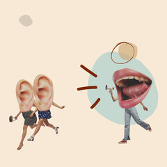 Contempoyrary art collage. Creative design. Woman with mouth head shouting in megaphone at girls with ears head