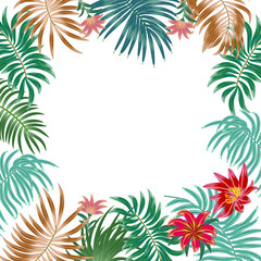 Fototapeta na wymiar Tropical frame of exotic flowers and palm leaves with copy space for text. For party invitations, wedding cards and sale posters. Vector illustration. Template design.