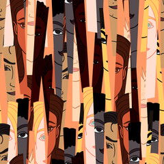Diverse woman face of different race seamless pattern. Vector illustration concept for equality.