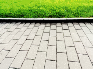 paving slabs on the background of a green lawn