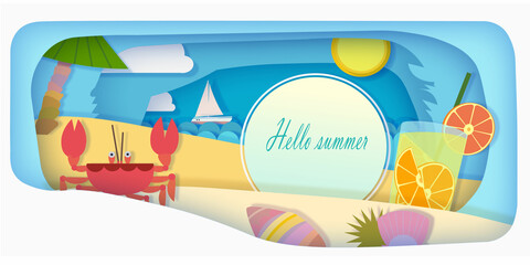 Bright paper multi-layer application, a cocktail on the sand and the inscription Hello, summer! Rest, sunny beach. Postcards, posters.