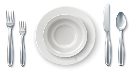Realistic table setting. White plate with serving cutlery