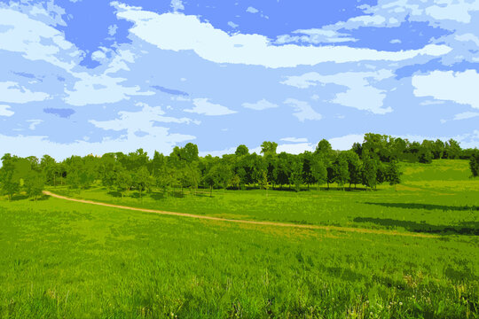 summer landscape meadow and forest on the background of blue sky, clouds