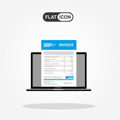Online digital invoice laptop or notebook with bills, flat design illustration.