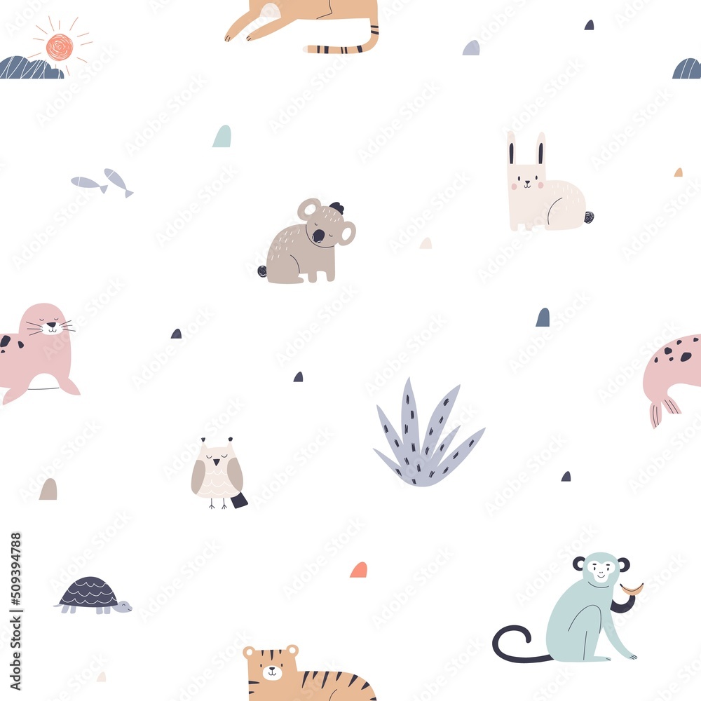 Aufkleber cute scandinavian animals pattern. repeating print with kids characters in scandi style. seamless ba