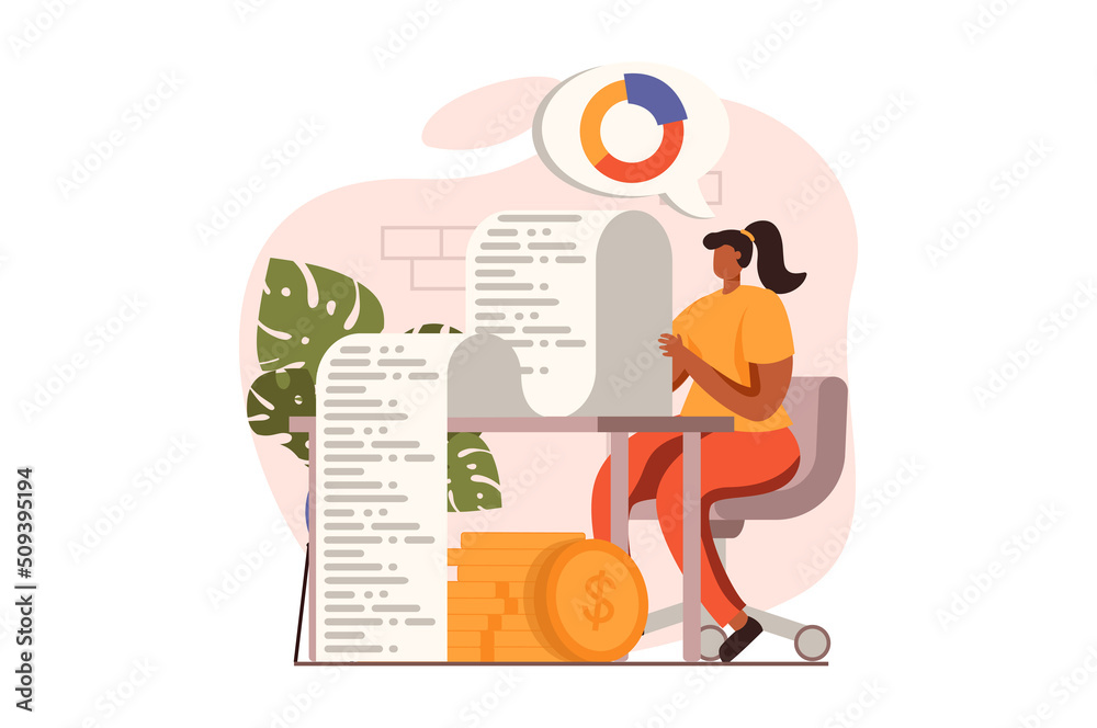 Poster analyzing budget web concept in flat design. woman calculate and control money, paying bills or taxe