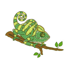 Chameleon sitting on branch hand drawn flat cartoon vector illustration