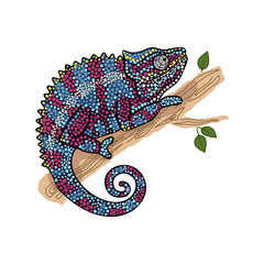 Cute chameleon on tree branch cartoon flat colorful vector illustration