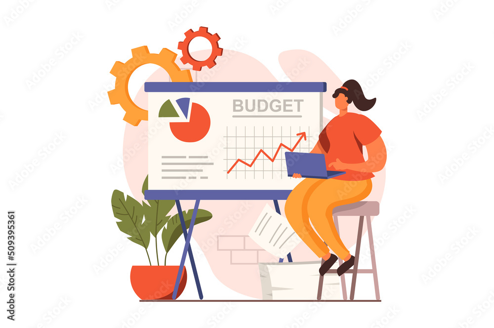 Aufkleber Analyzing budget web concept in flat design. Woman making financial report and developing investment strategy for business. Auditing and finance management. Illustration with people scene