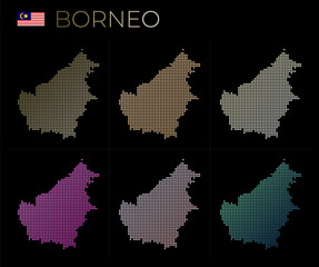 Fototapeta na wymiar Borneo dotted map set. Map of Borneo in dotted style. Borders of the island filled with beautiful smooth gradient circles. Appealing vector illustration.