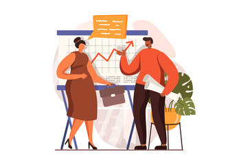 Business activities web concept in flat design. Man discusses with woman, analyzes financial data and talks about work tasks. Businesspeople working at office. Illustration with people scene