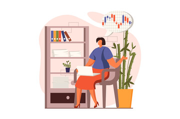 Business activities web concept in flat design. Woman analyzes data and makes financial report using computer at workplace. Businesspeople working at office. Illustration with people scene