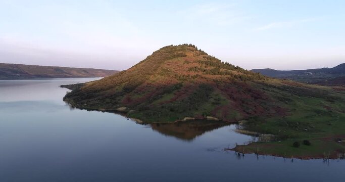 Beautiful slow motion mountains range landscape water reflection Lac Du Salagou