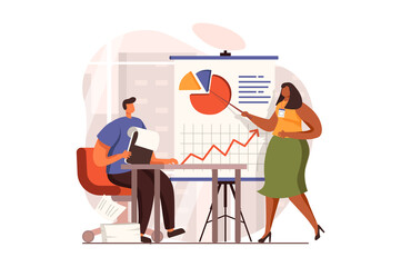 Business process web concept in flat design. Man and woman analyzing presentation report on training at conference. Company development, success and leadership. Illustration with people scene