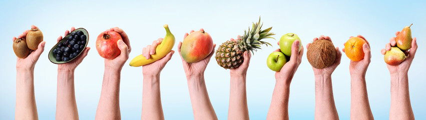 Various hands holding assorted fruits in a banner format.