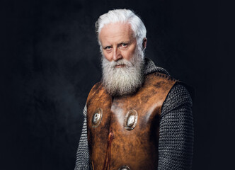 Portrait of antique aged warrior dressed in chain mail and leather armor.