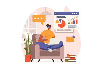 Business process web concept in flat design. Woman works on laptop, makes report, analyzes data and talking online. Company development, success and leadership. Illustration with people scene