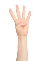 Woman hand shows finger-counting, on white background