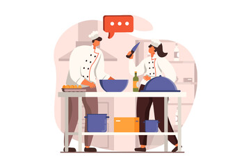 Cooking and restaurant web concept in flat design. Team of chefs prepares delicious dishes, working and talking in kitchen. Culinary art and professional staff. Illustration with people scene