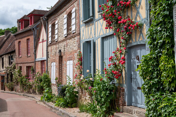 One of most beautiful french villages, Gerberoy - small historical village with half-timbered houses and colorful roses flowers, France