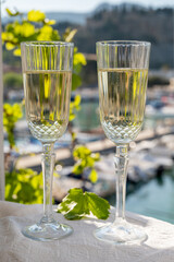 Two glasses of French champagne sparkling wine and view on colorful fisherman's boats in old harbour in Cassis, Provence, France