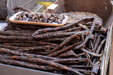 Corsican food, dried sausages salsiccia figatellu made from free-range or wild pigs on Corsica island, France