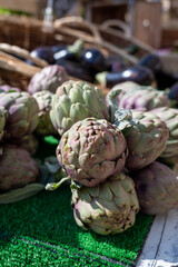 Fototapeta premium Fresh raw heads of artichokes plants for sale on farmers market