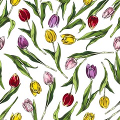 Fototapeta premium Seamless pattern with hand drawn colorful tulips sketch style