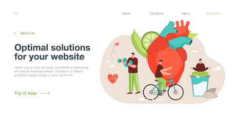 Man with healthy lifestyle on huge human heart background. Person eating healthy food, riding bike, doing exercises flat vector illustration. Health, sports, medicine concept for web design