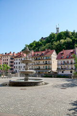 Ljubljana fountain and castle, capital of Slovenia