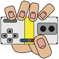 Hand holding joystick for game console, isolated on white background in cartoon style in vector graphic