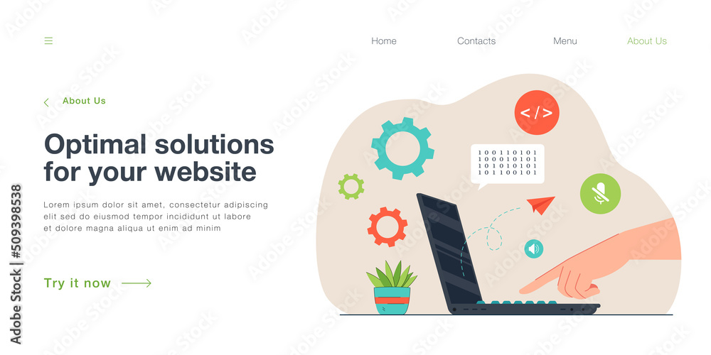 Poster side view of hand pressing key on open laptop. person working on portable computer flat vector illus