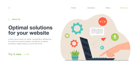 Side view of hand pressing key on open laptop. Person working on portable computer flat vector illustration. Modern technology, communication concept for banner, website design or landing web page