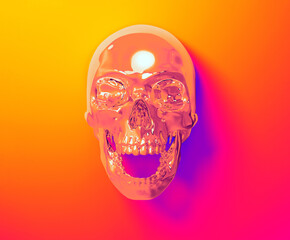 Digital illustration from 3d rendering of front view shiny screaming skull in synthwave vibrant colors style isolated on colorful background.