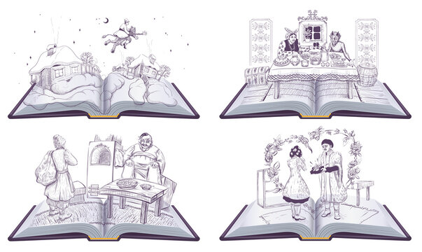 Set ukrainian literature reading open book. Vector cartoon illustration