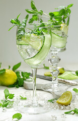 Vegetarian cocktail with cucumber, mint and lemon
