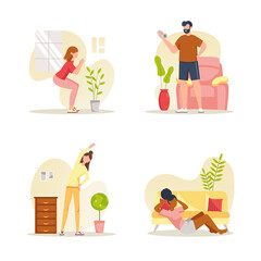 Fitness at home concept with people scene set. Men and women doing morning exercises, sport training, practicing yoga, doing exercises with dumbbells. Vector illustration in flat design for web