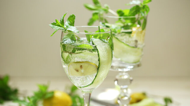 Vegetarian cocktail with cucumber, mint and lemon