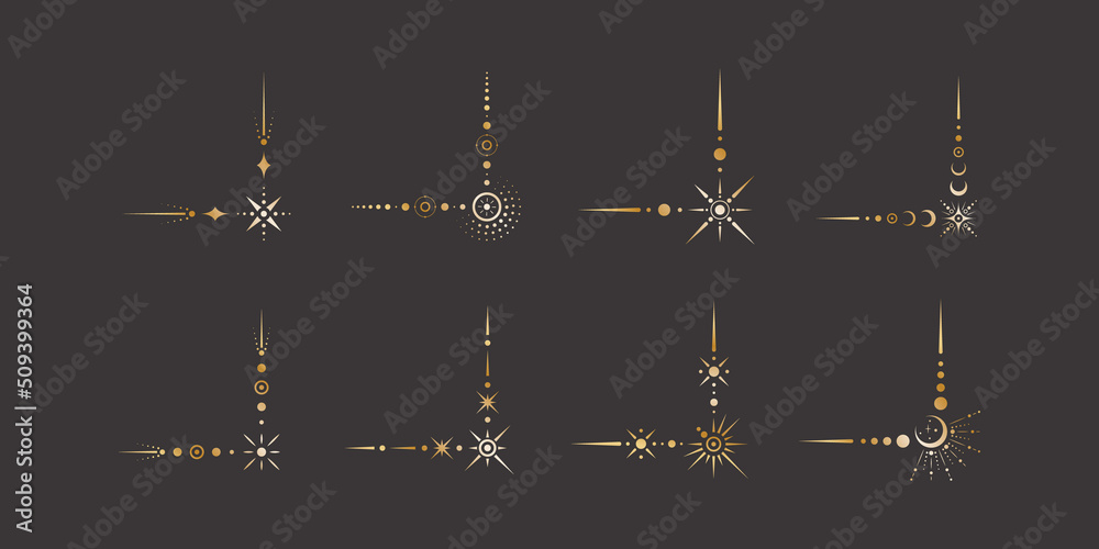 Wall mural vector celestial golden border set with stars, moon phases, crescents and dots. collection of ornate