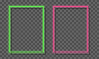 Obraz premium Green and pink neon rectangle frame, sign on transparent background, vector illustration.