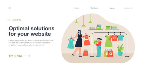 Mother and daughter buying dress for baby wardrobe on sales. Happy girl choosing clothes in store or shopping mall, child holding gift boxes flat vector illustration. Kids fashion, family concept