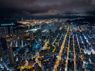 Fototapeta premium Aerial view of Hong Kong city at night
